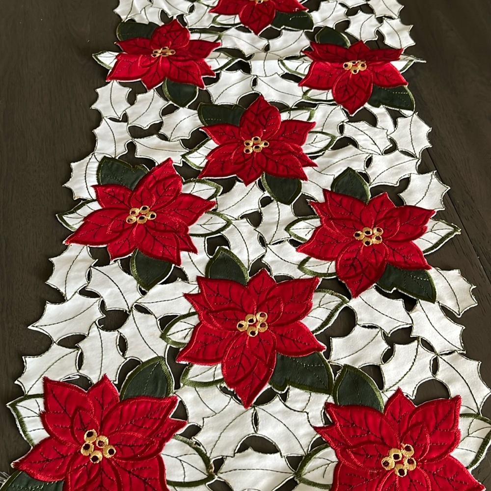 Holiday dark red poinsettia cut out table runner.